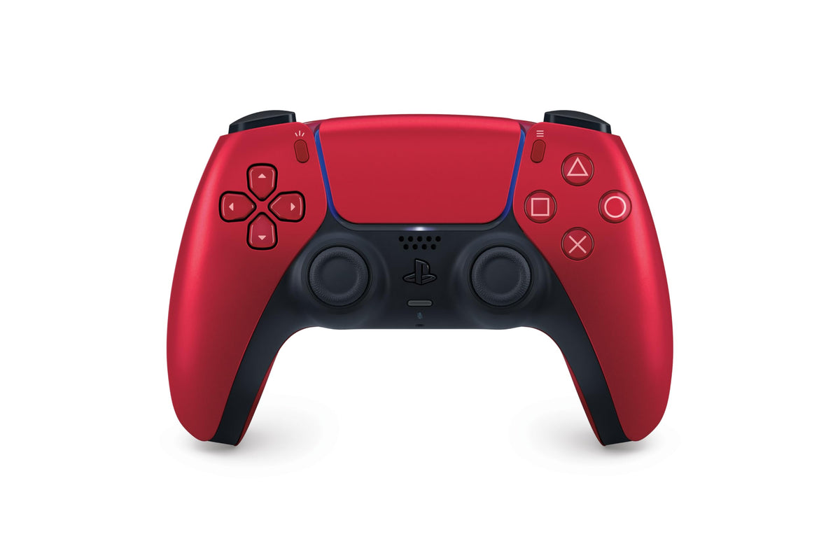 PlayStation DualSense Volcanic Red front view highlighting ergonomic grip for extended play