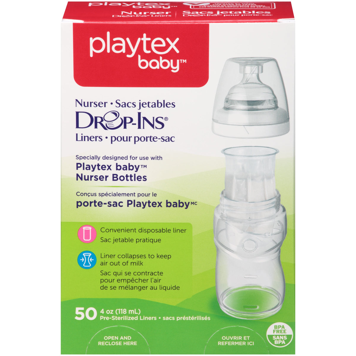 Playtex Baby Nurser Drop-Ins liner 4oz 50-count, pre-sterilized for quick, clean feeds.