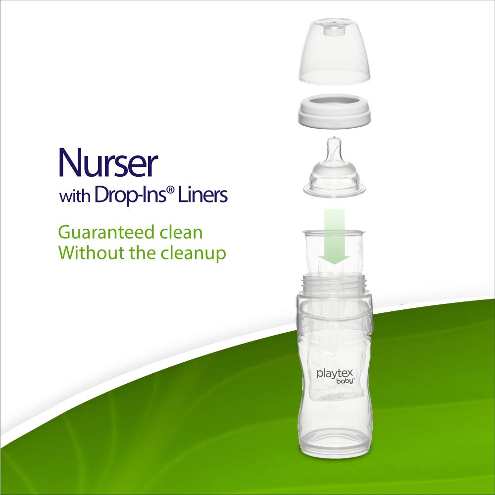 Playtex Baby Nurser bottle with liner shows gentle collapse while baby feeds.