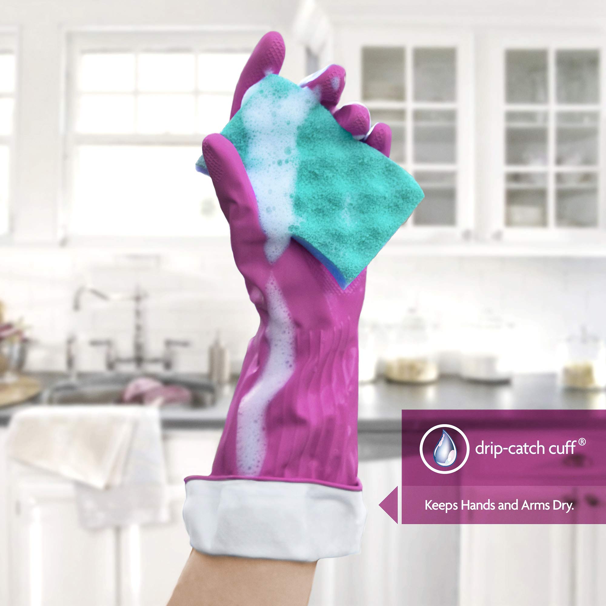 Playtex Living Gloves showing drip-catch cuff keeping sleeves dry.
