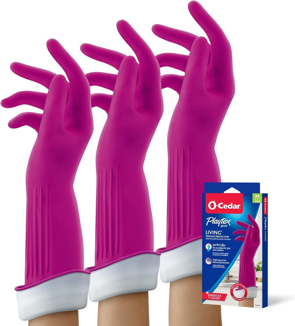 Playtex Living Gloves with drip-catch cuff keeping hands dry during cleaning tasks.
