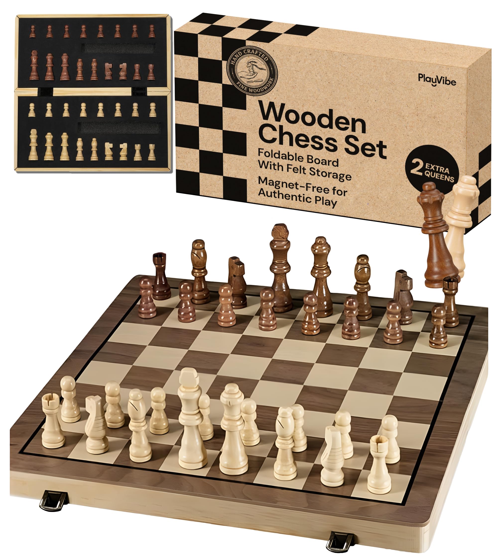 PlayVibe wooden chess set folding board for portable family play outdoors.