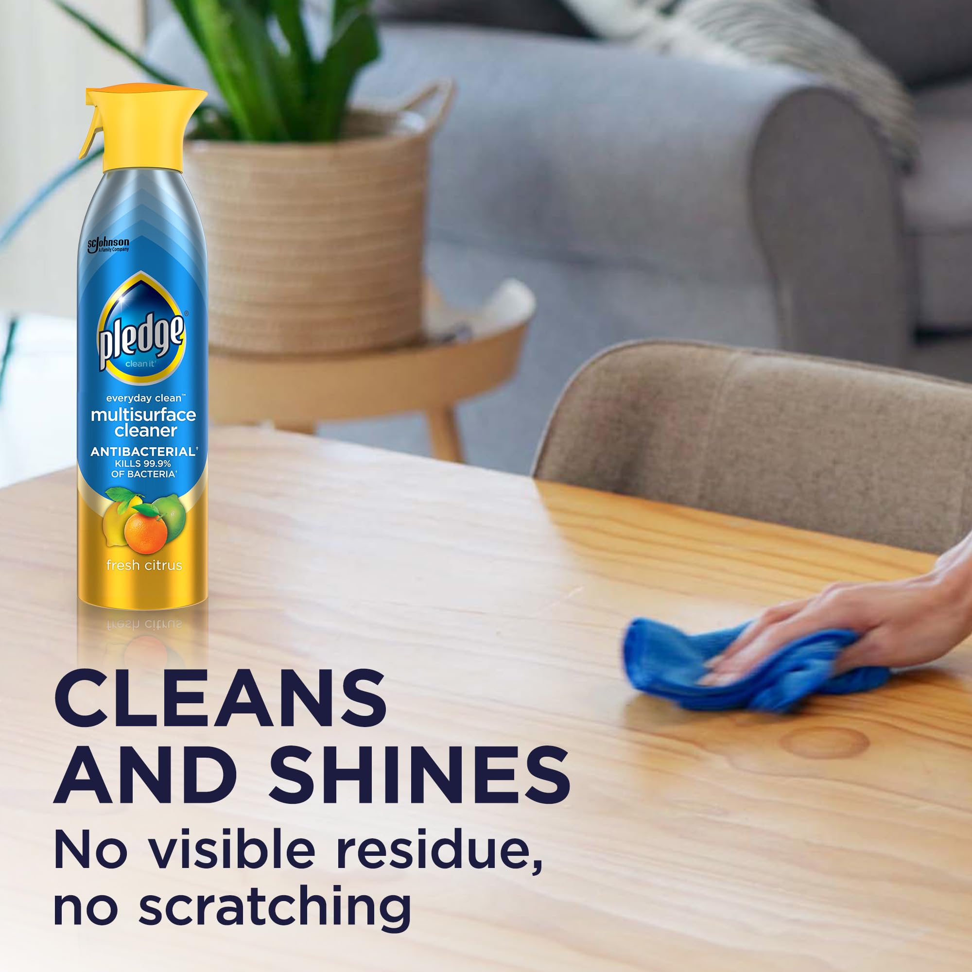 Kitchen counters treated with Pledge antibacterial multisurface spray to tackle grease and dust.