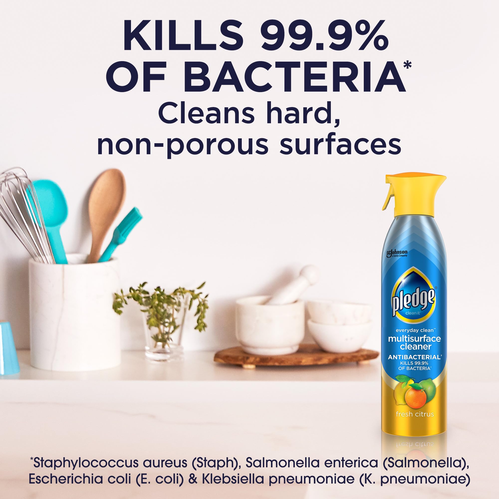 Pledge antibacterial multisurface spray on stainless steel leaves a streak-free shine while sanitizing.