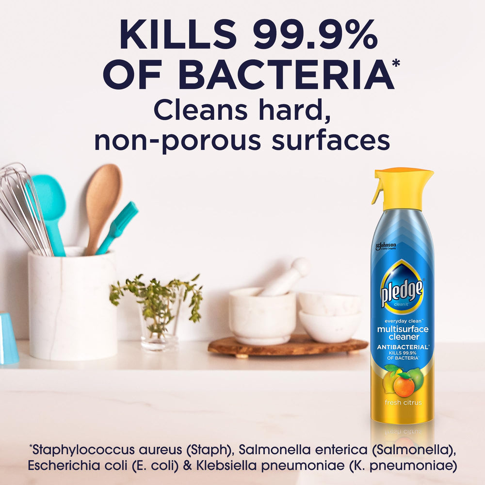 Pledge antibacterial multisurface spray on stainless steel leaves a streak-free shine while sanitizing.
