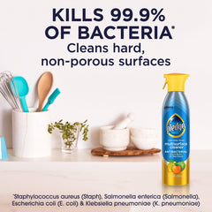 Pledge antibacterial multisurface spray on stainless steel leaves a streak-free shine while sanitizing.