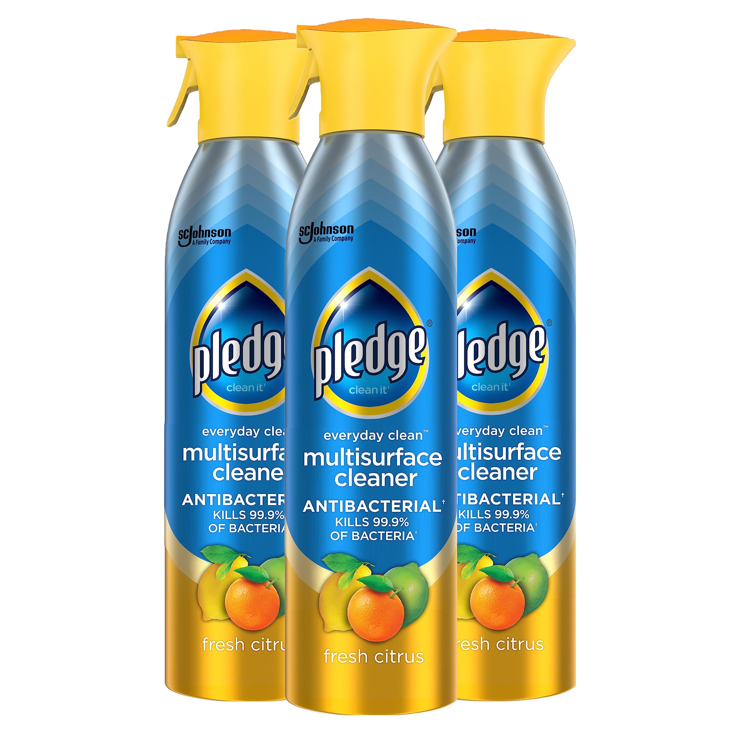 Pledge antibacterial multisurface spray on wood furniture cleans and freshens with a citrus scent.