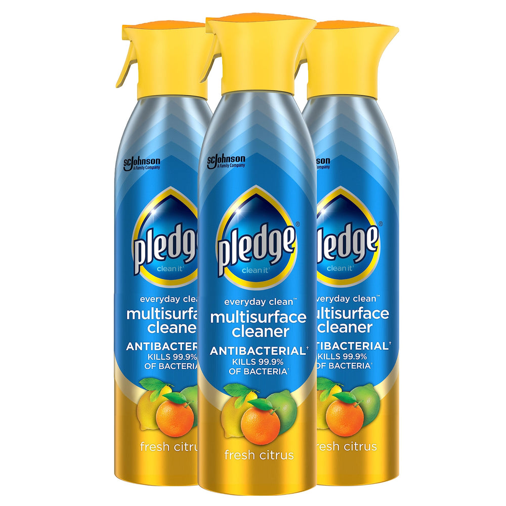 Pledge antibacterial multisurface spray on wood furniture cleans and freshens with a citrus scent.