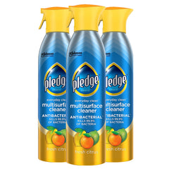 Pledge antibacterial multisurface spray on wood furniture cleans and freshens with a citrus scent.