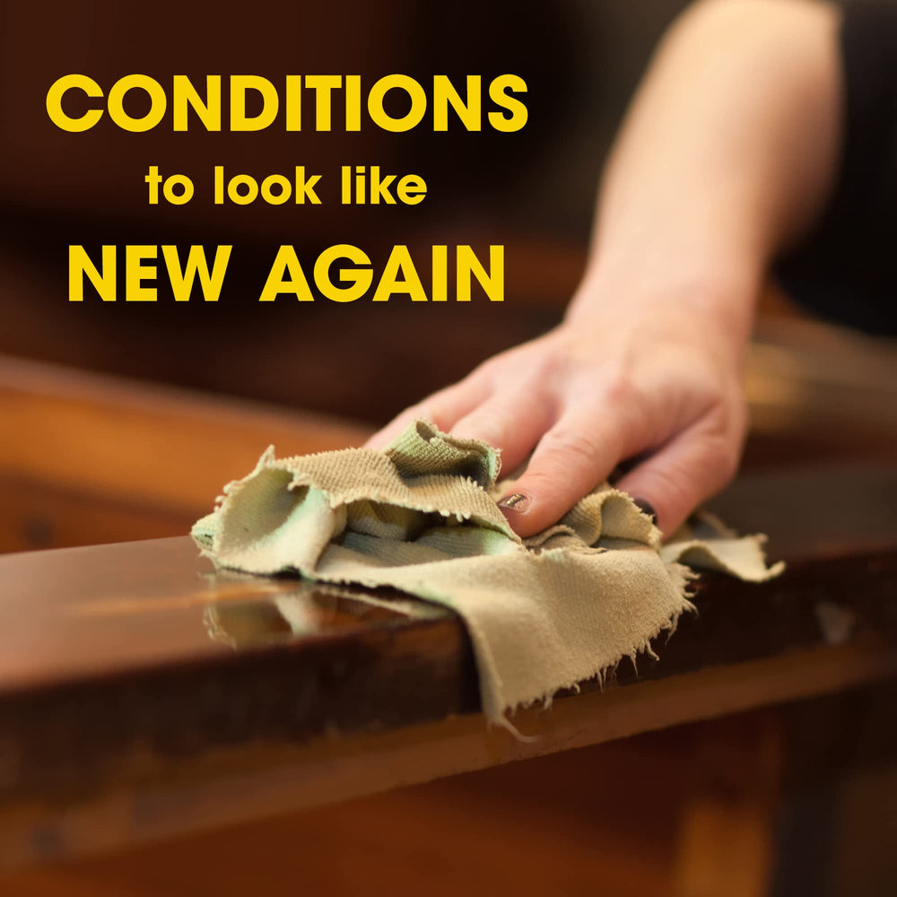 Dusting spray removes dust from wood furniture with a clean wipe.