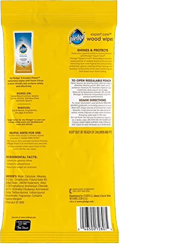 Pledge Expert Care Wipes lemon packaging highlights simple, spray-free wood care.