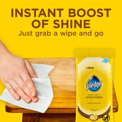 Pledge Expert Care Wipes lemon removing fingerprints and dust from furniture.