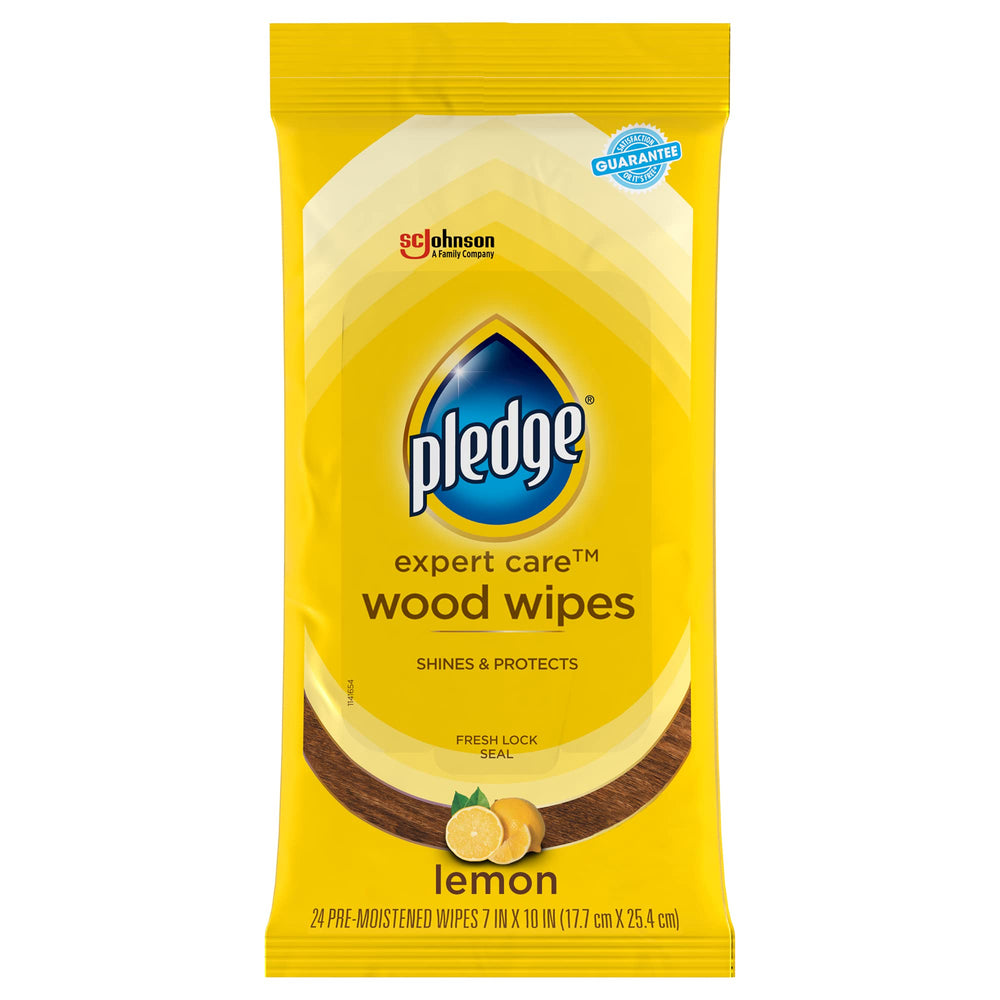 Pledge Expert Care Wipes lemon packaging demonstrates quick surface cleaning and protection.