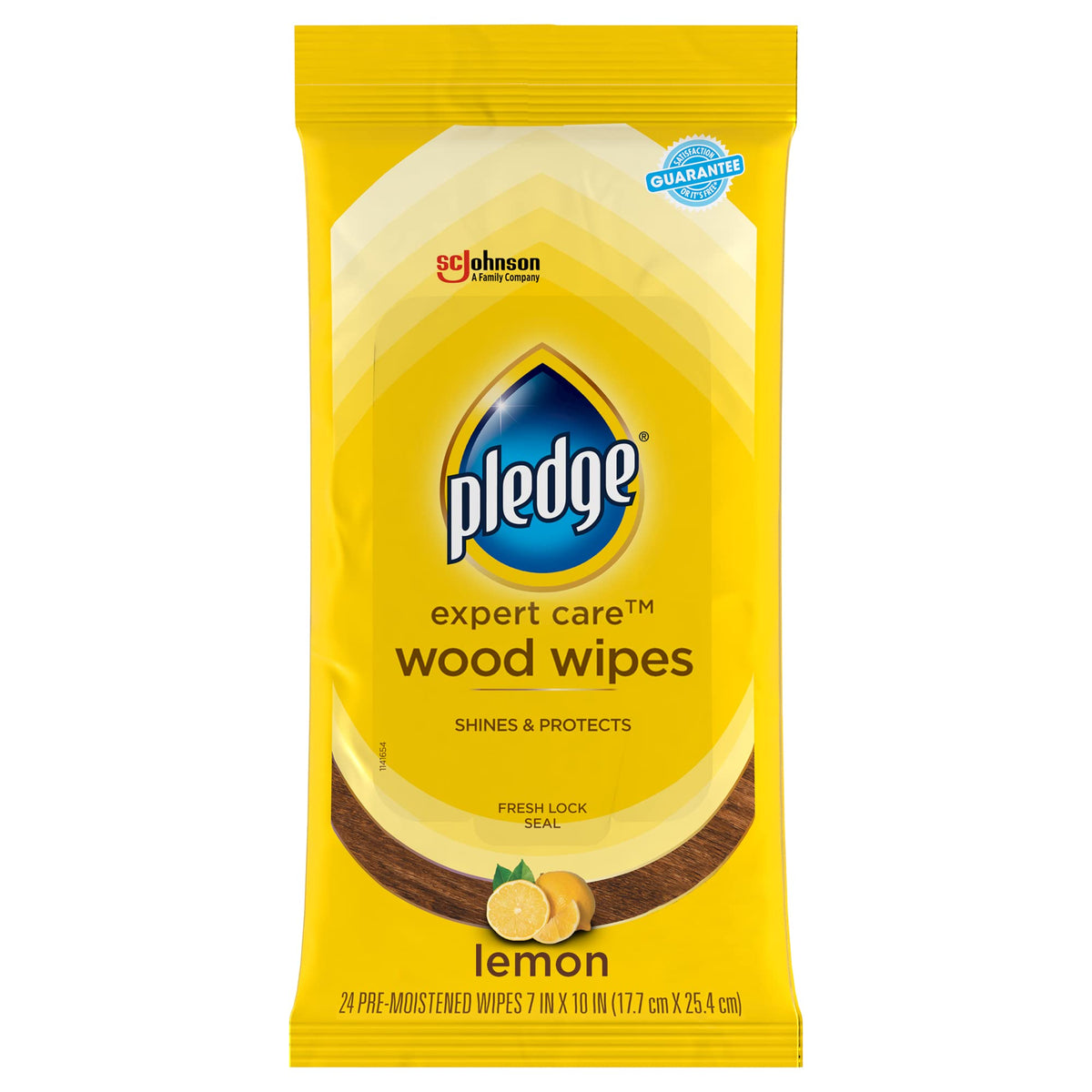 Pledge Expert Care Wipes lemon packaging demonstrates quick surface cleaning and protection.