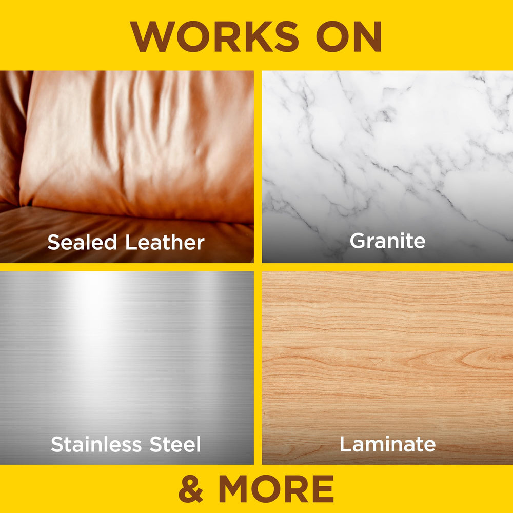 Pledge Expert Care Wipes lemon protective coating on granite and stainless steel.