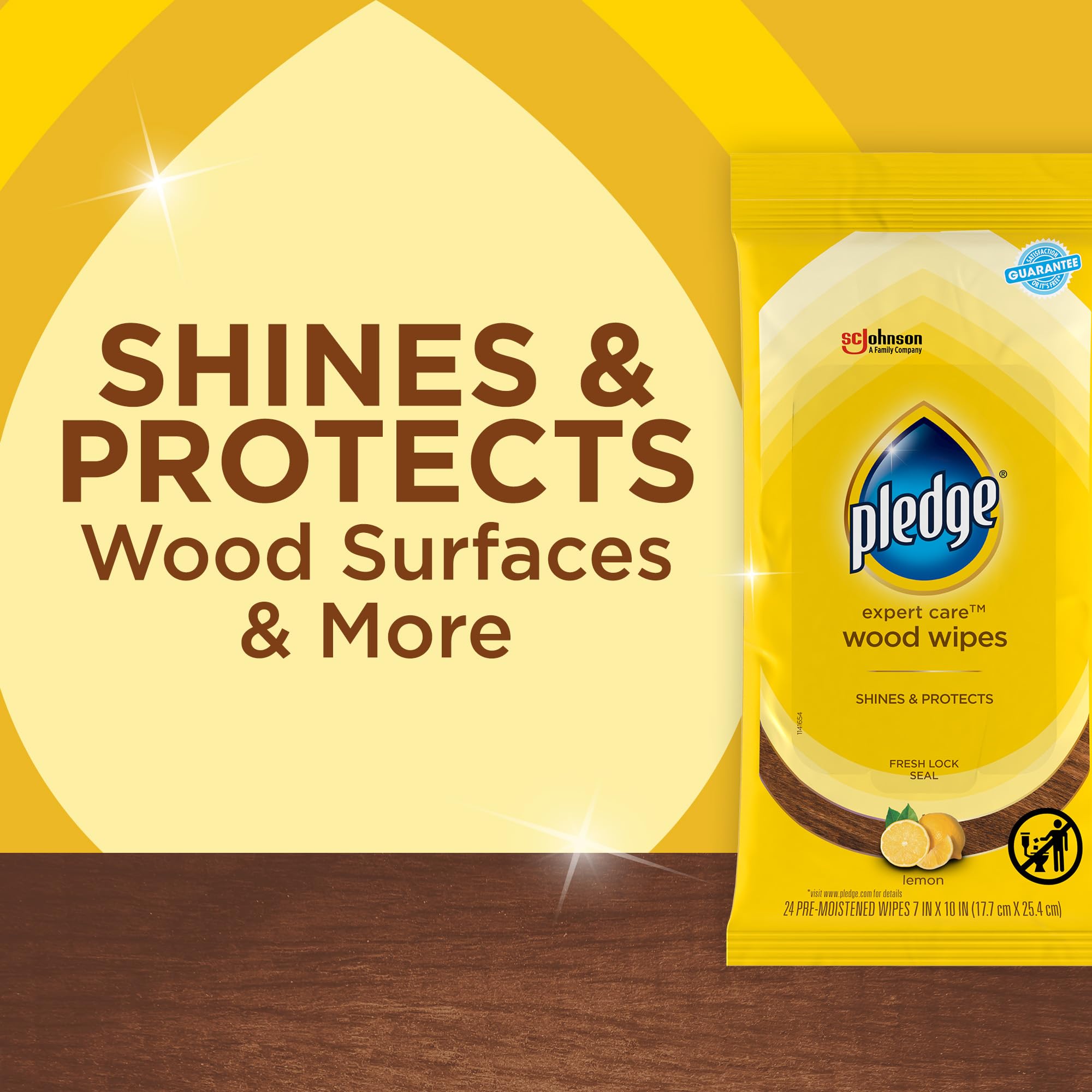 Pledge Expert Care Wipes lemon wood cleaning in action on sealed furniture.