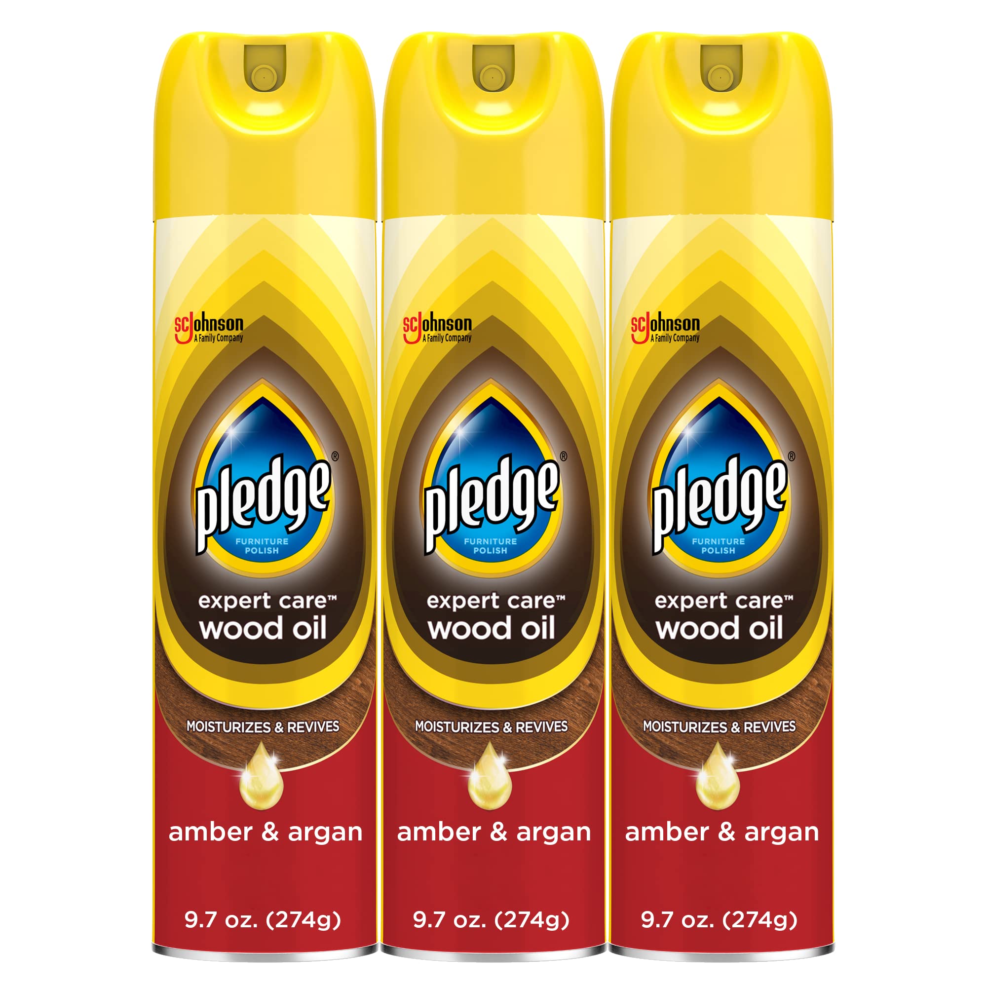 Pledge Expert Care Wood Oil spray bottle revives wood with amber-argan scent.