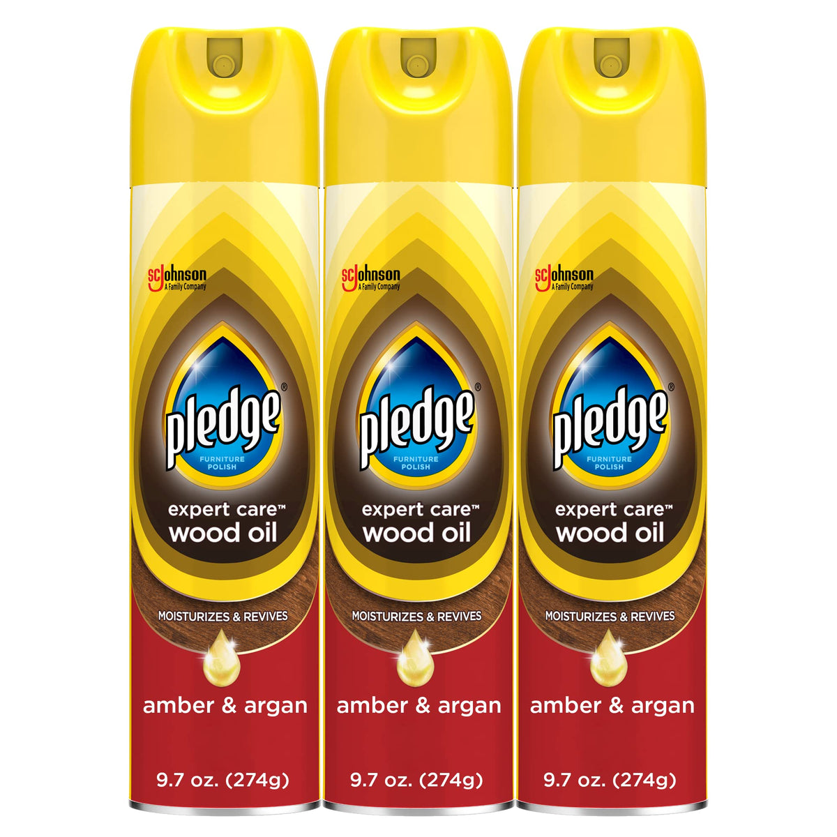 Pledge Expert Care Wood Oil spray bottle revives wood with amber-argan scent.