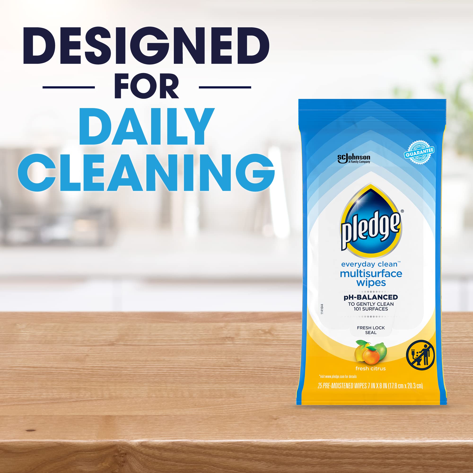 Pledge Multisurface Wipes Quartz Granite Clean on stone counters.