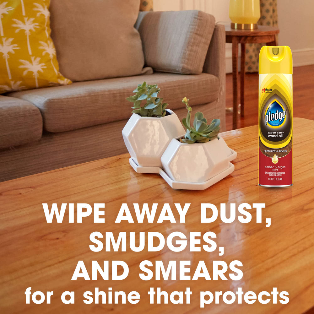 Pledge Wood Oil moisturizes to reduce minor marks on sealed surfaces.