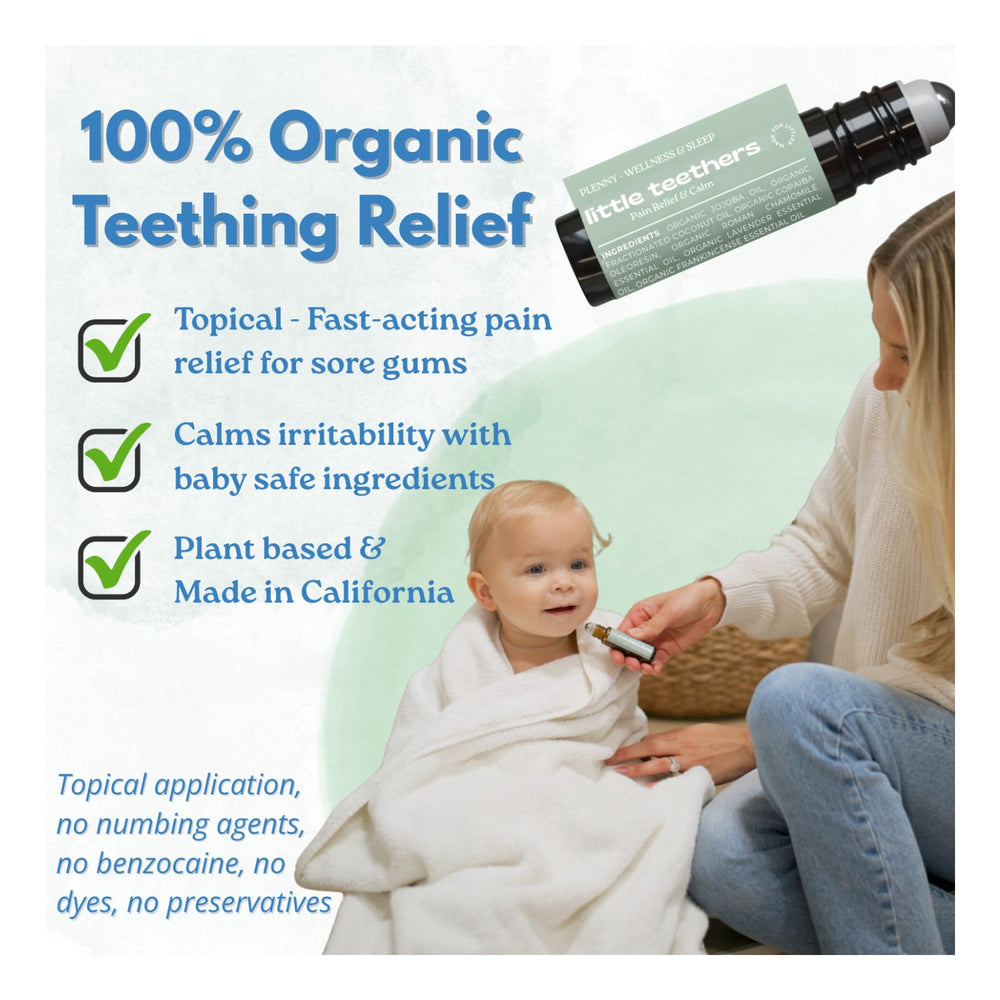 PLENNY organic oils ingredients close-up featuring jojoba and coconut for teething care.