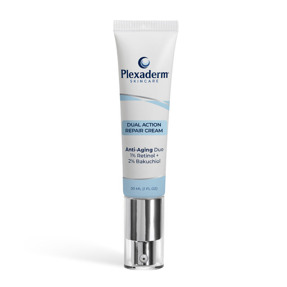 Plexaderm Dual Action Repair neck cream tube showing lightweight, non-greasy texture.