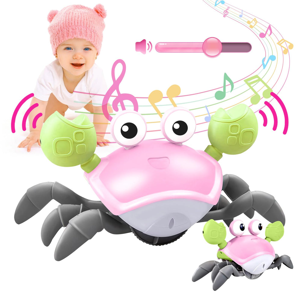 Plnmlls Crawling Crab Toy pink with music and LED lights for engaging tummy time.