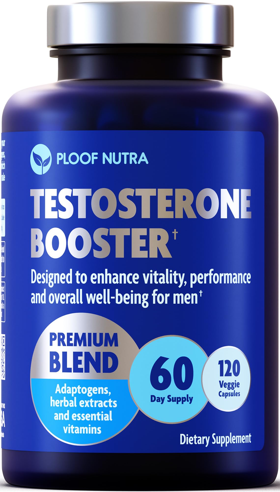PLOOF Nutra Testosterone Booster bottle front view showing branding for daily energy support.