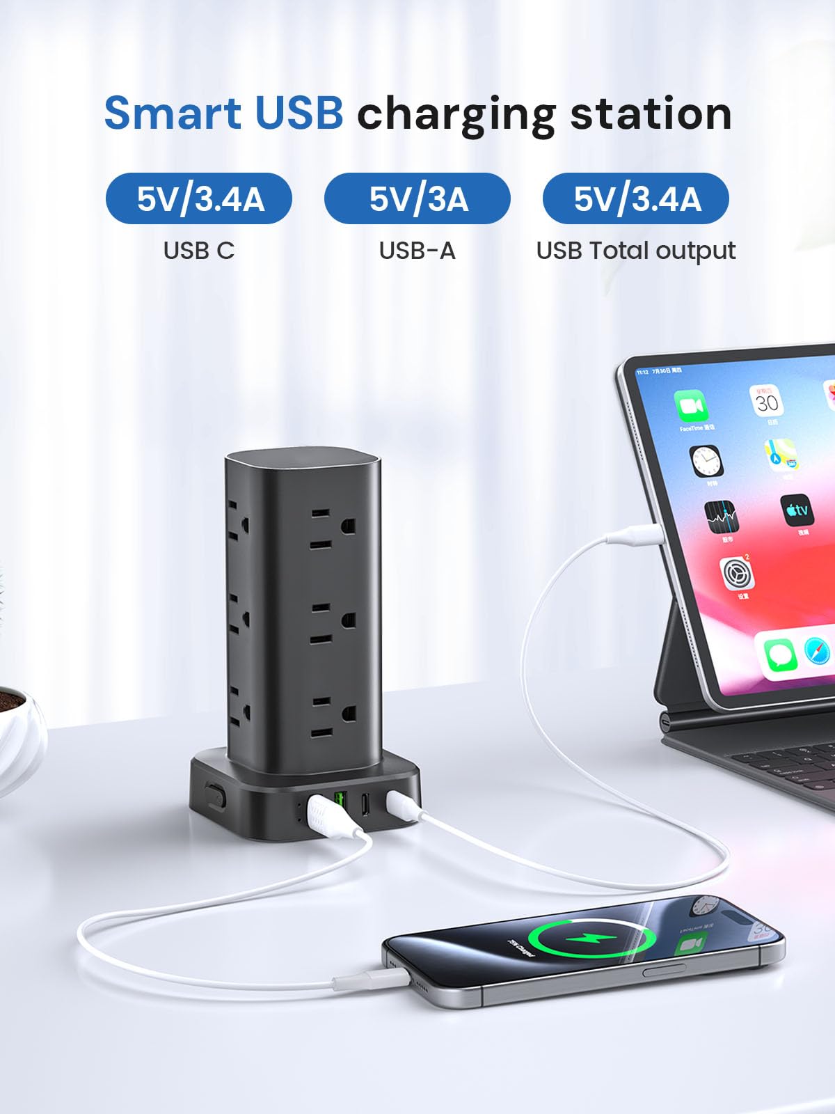 Pluackg 6ft extension cord provides reach across a room.