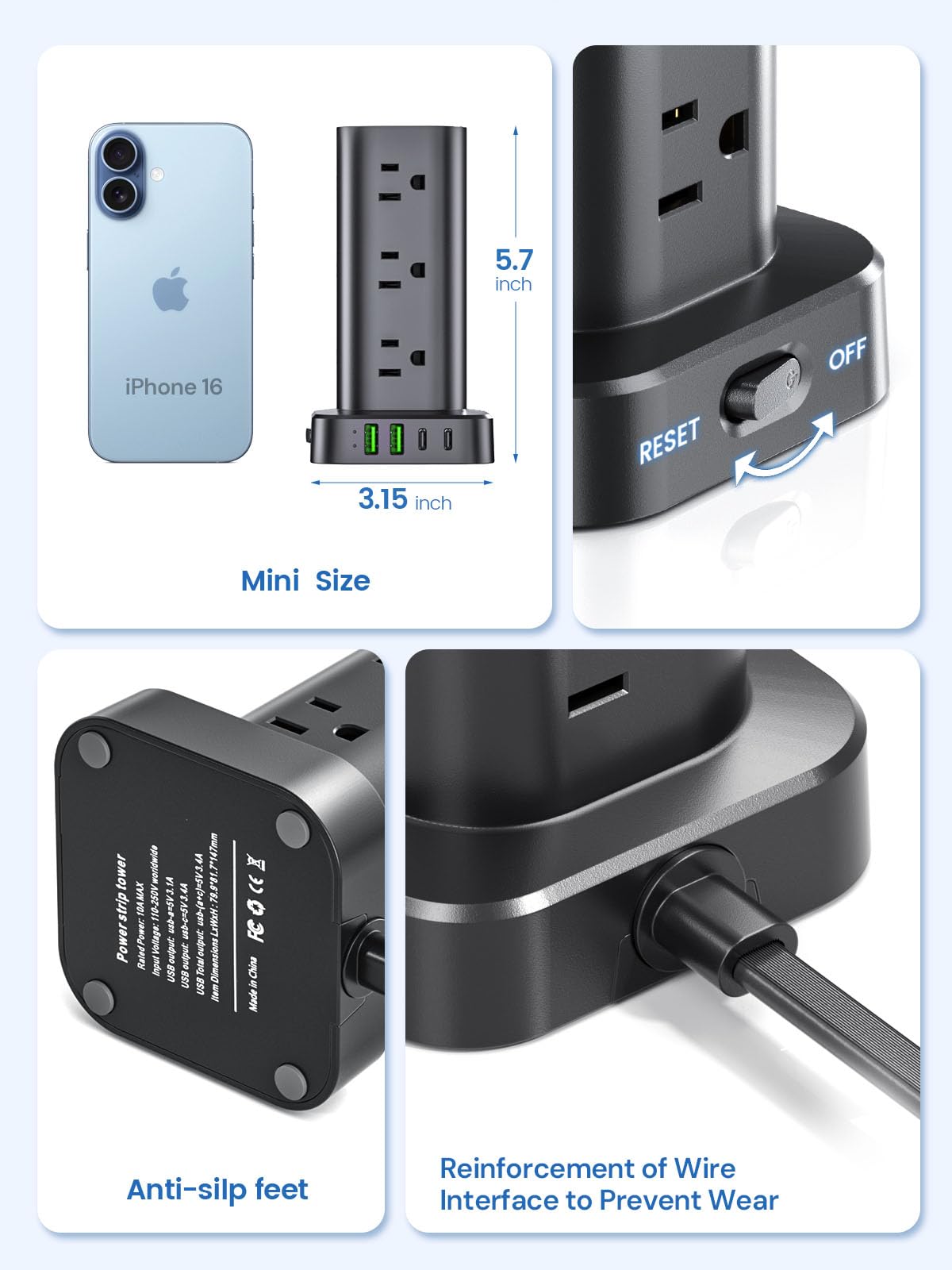 Pluackg compact charging tower keeps desk tidy and organized.