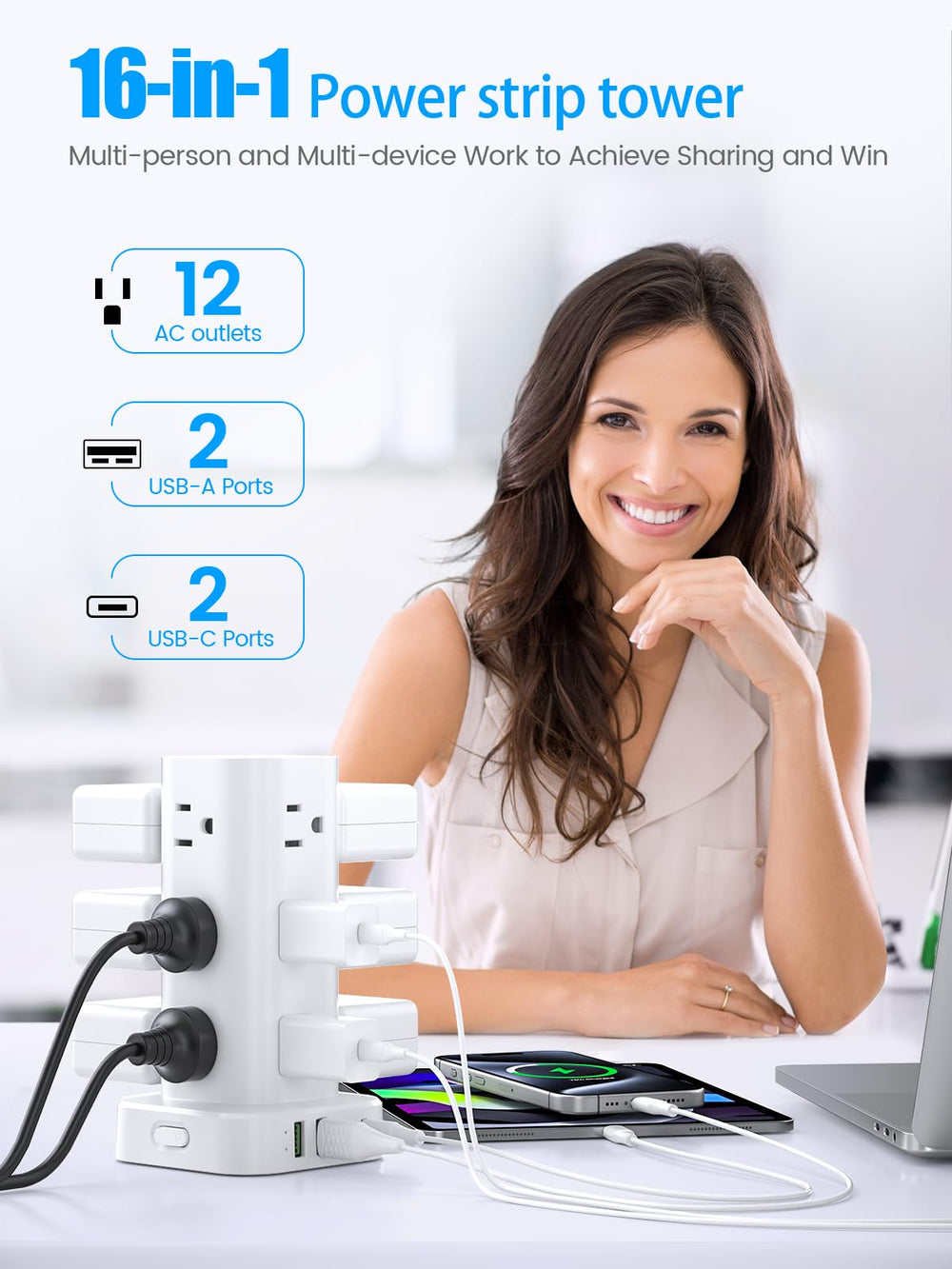 Pluackg Tower Power Strip showing 12 outlets and surge protection for multiple devices