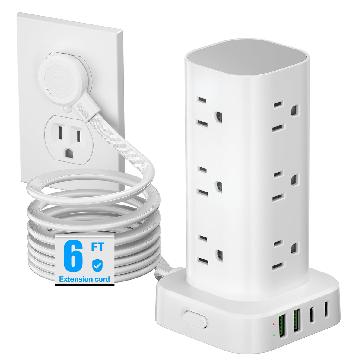 Pluackg Tower Power Strip with 6ft flat plug for slim wall placement and tidy walls