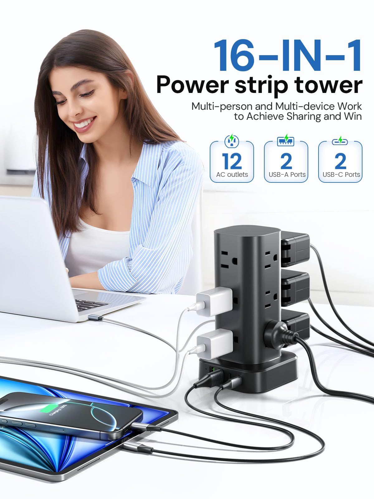 Pluackg tower power strip USB ports visible, ready for smartphones and tablets.