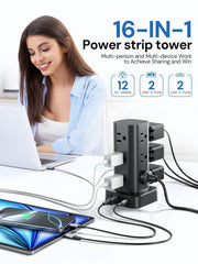 Pluackg tower power strip USB ports visible, ready for smartphones and tablets.