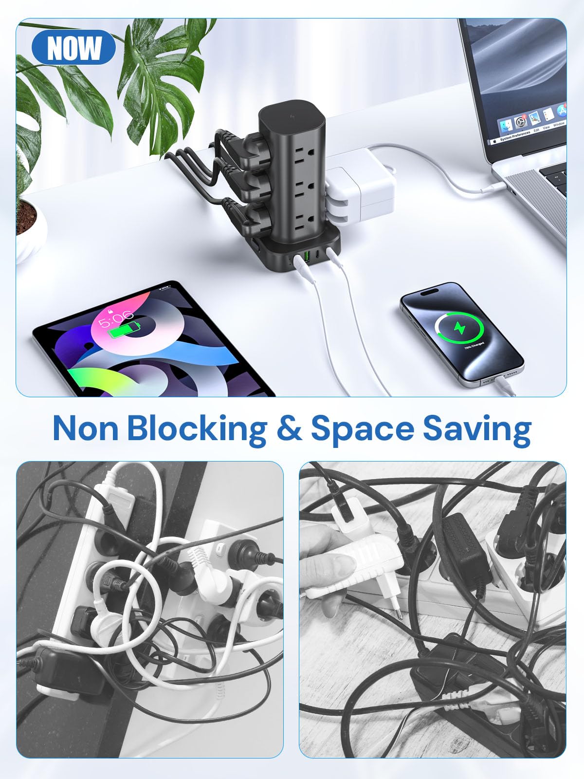 Pluackg travel-dorm setup with the tower powers multiple devices.