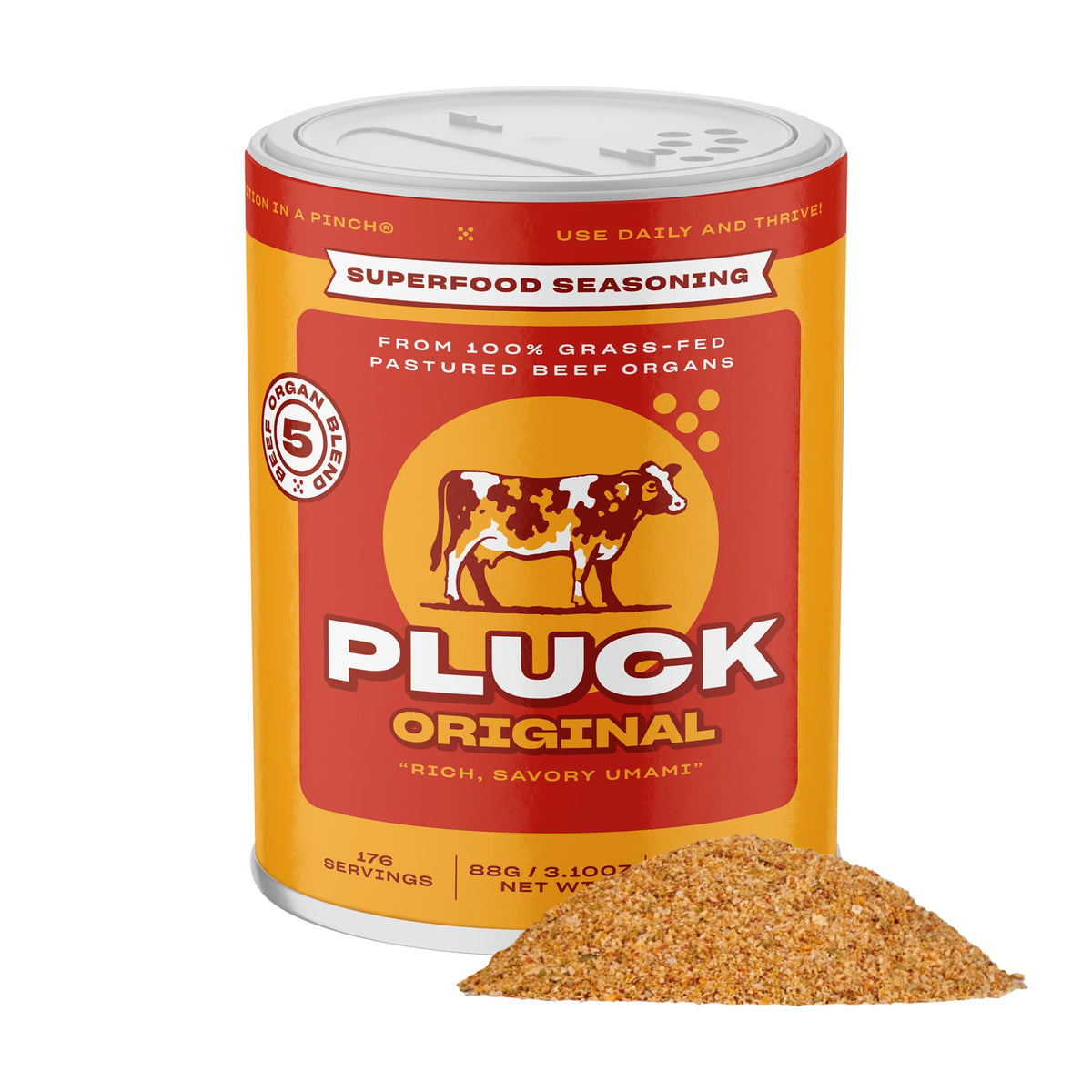 Pluck Original organ meat blend bottle on counter offers quick, flavorful seasoning.