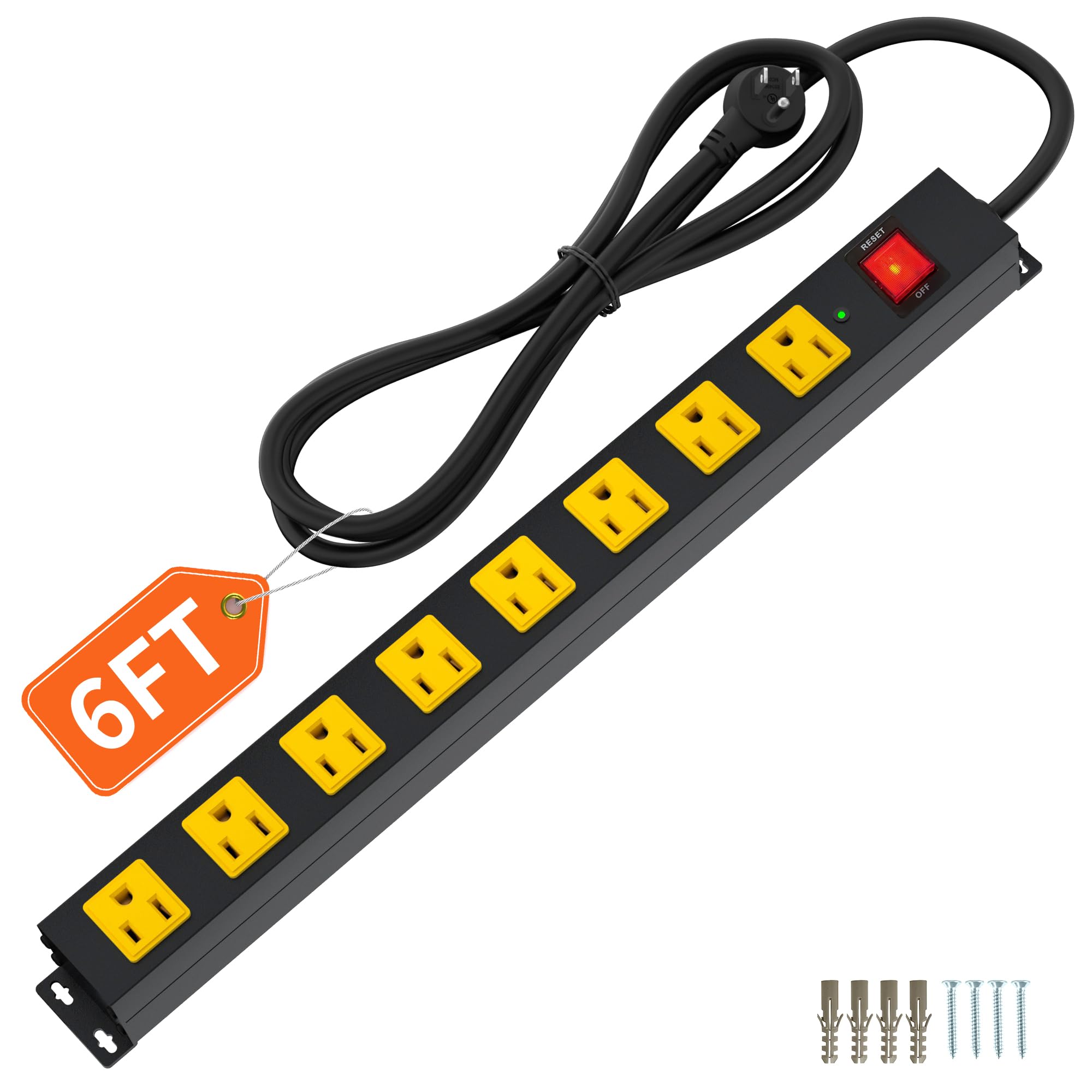 Plug'n 8-outlet power strip with wide spacing for bulky chargers.