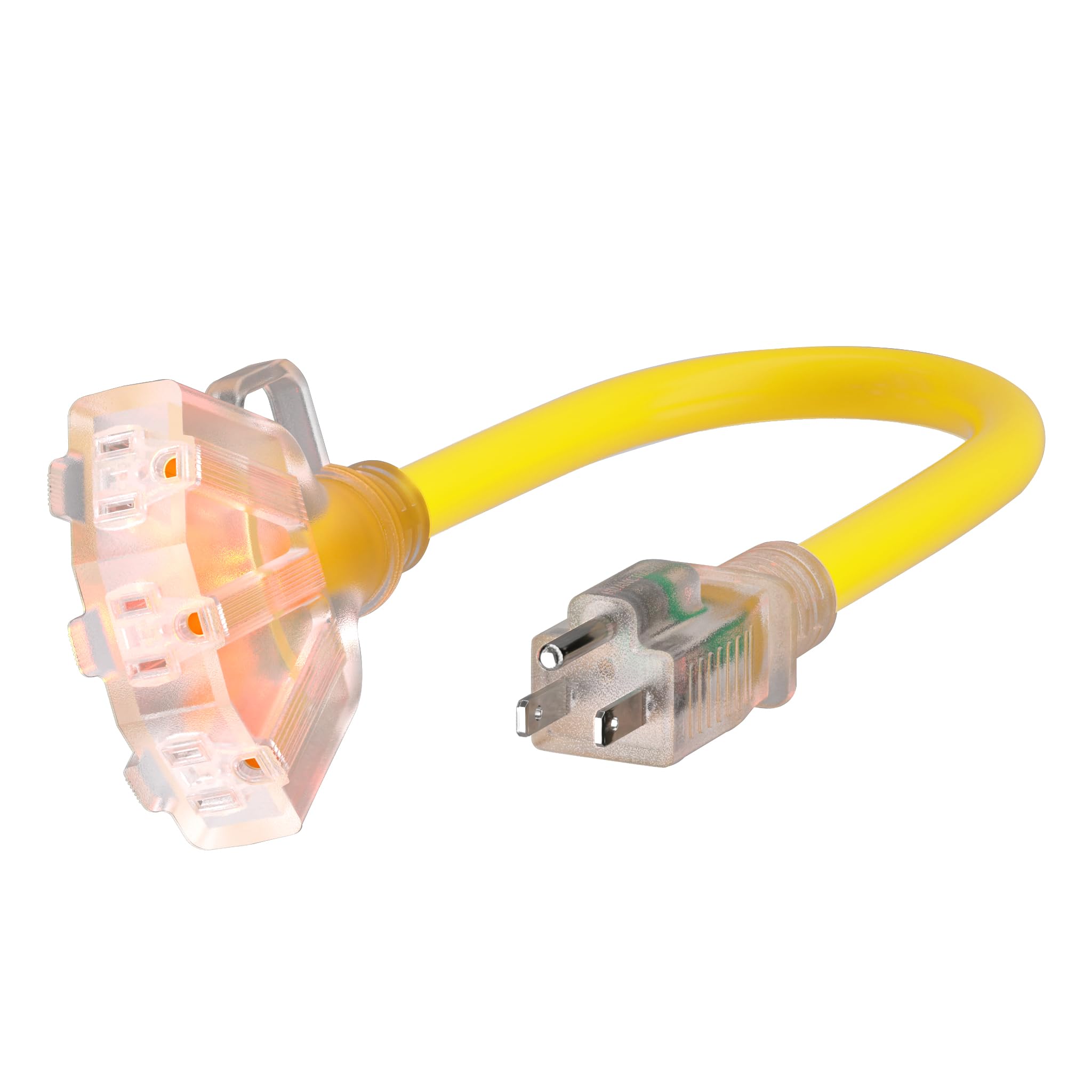PlugSaf 1ft extension cord with three outlets for compact multitasking power.