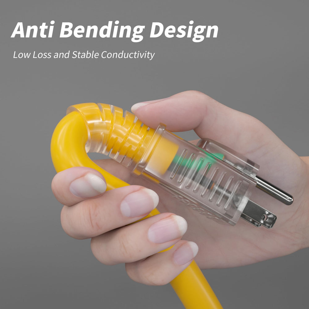PlugSaf outdoor extension cord with LED indicator for quick power checks.