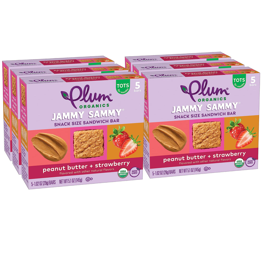 Plum Organics Jammy Sammy box front, grab-and-go toddler snack for busy days.
