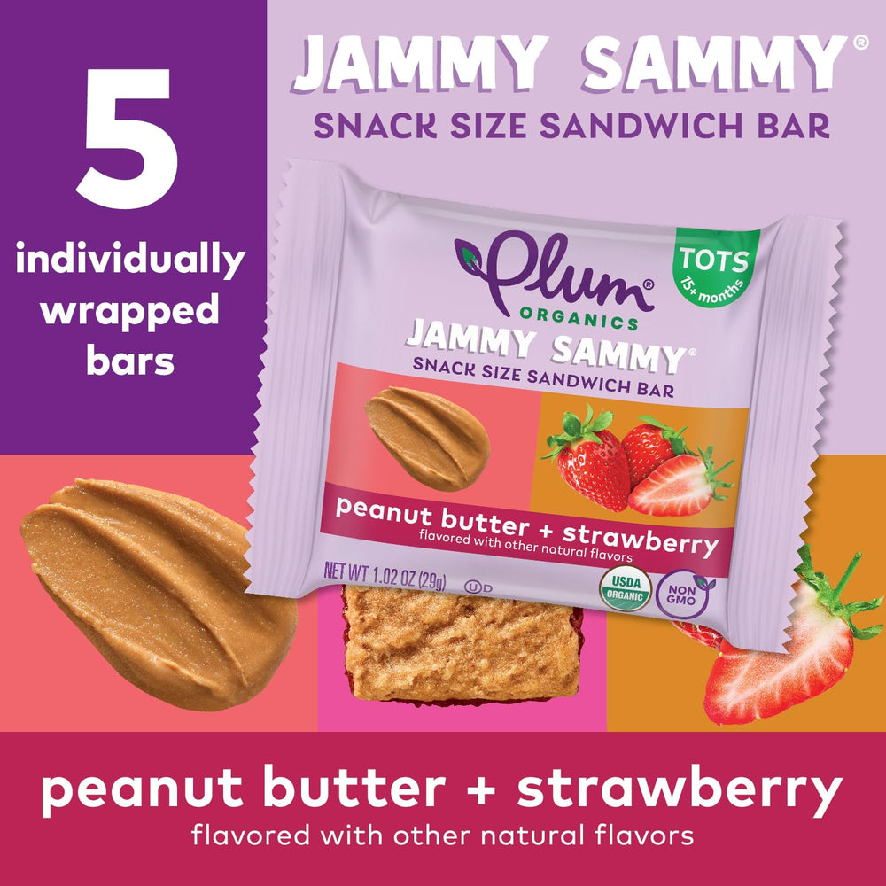 Individually wrapped Jammy Sammy bar for mess-free snacking.