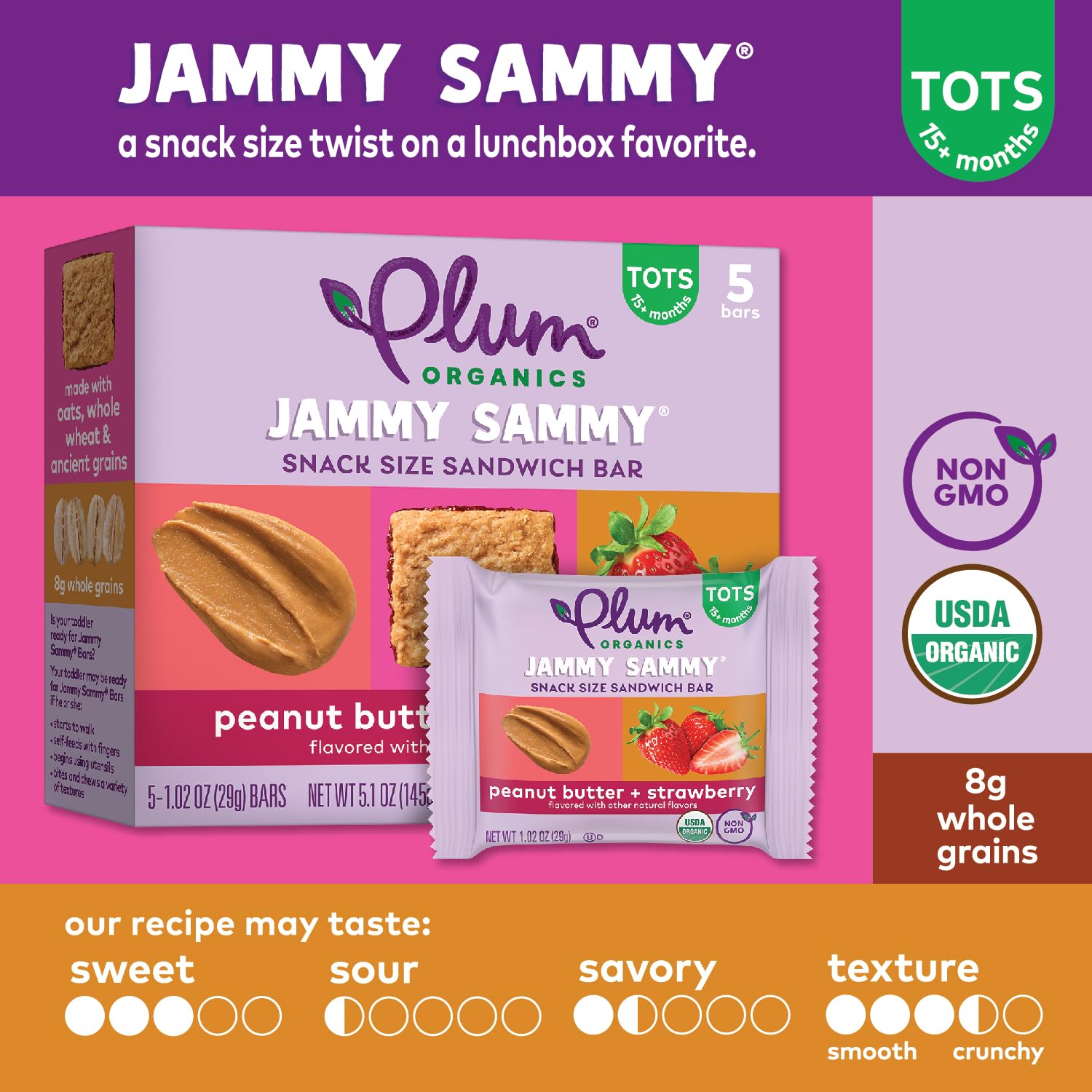 Jammy Sammy bars shown in a portable, on-the-go packaging setup.