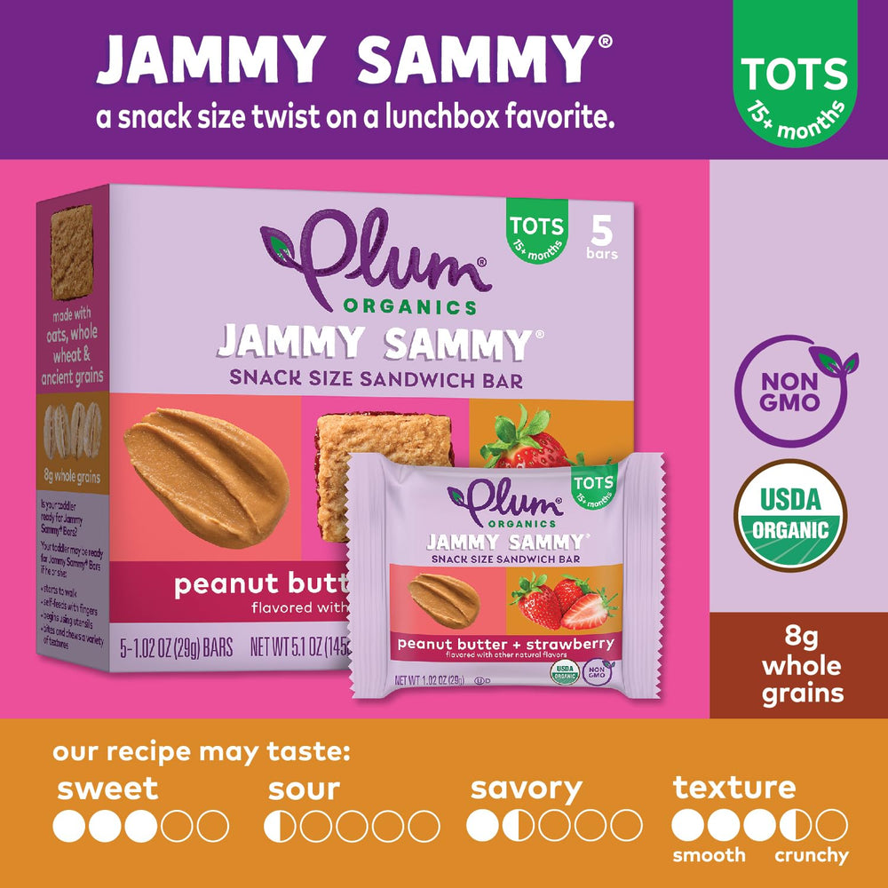 Jammy Sammy bars shown in a portable, on-the-go packaging setup.