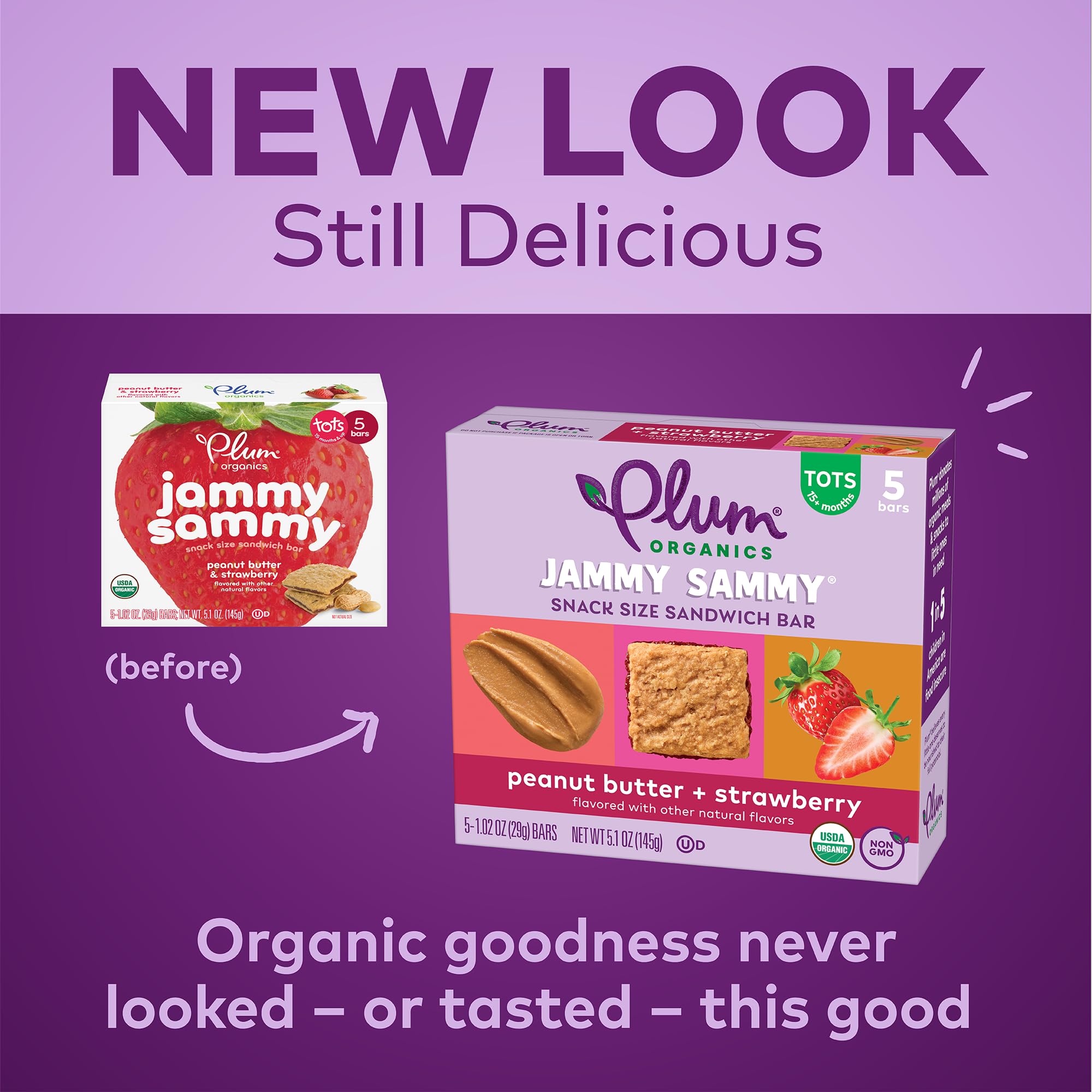 Organic ingredients label on Jammy Sammy packaging highlighting certifications.