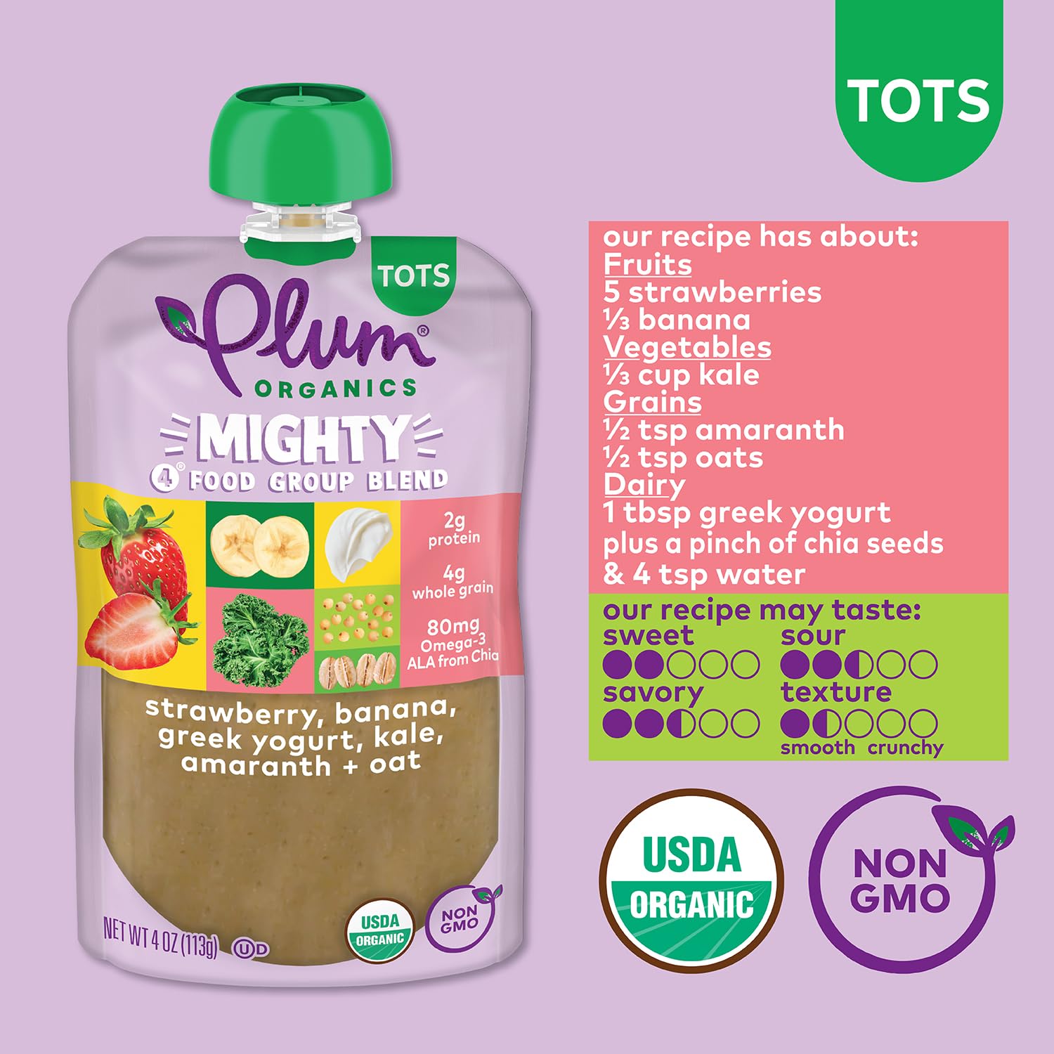 Plum Organics Mighty 4 organic-fruits-vegetables-dairy-grains pouch provides balanced toddler nutrition