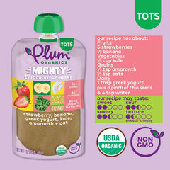 Plum Organics Mighty 4 organic-fruits-vegetables-dairy-grains pouch provides balanced toddler nutrition
