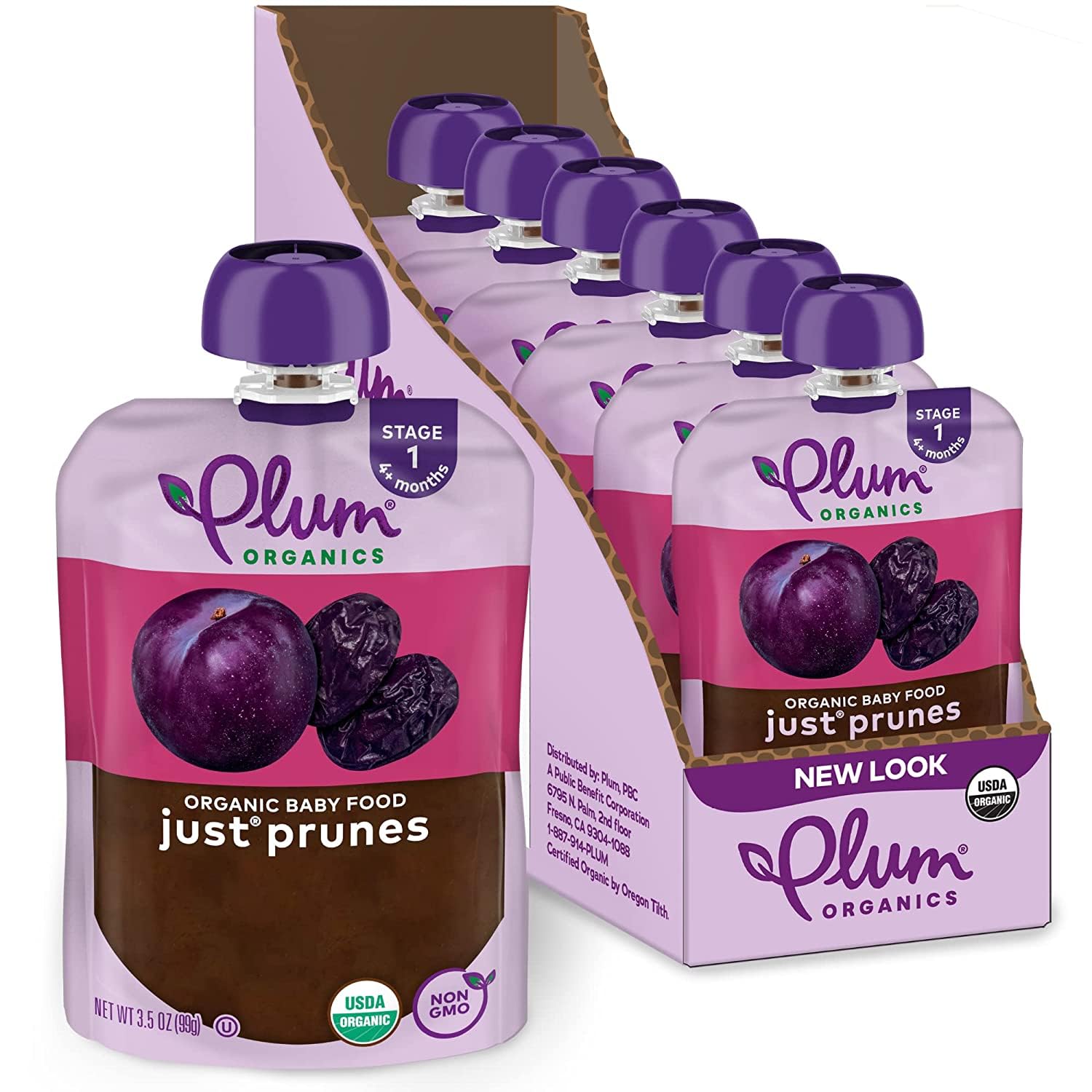 Plum Organics Stage 1 prune puree pouch open for on-the-go feeding.