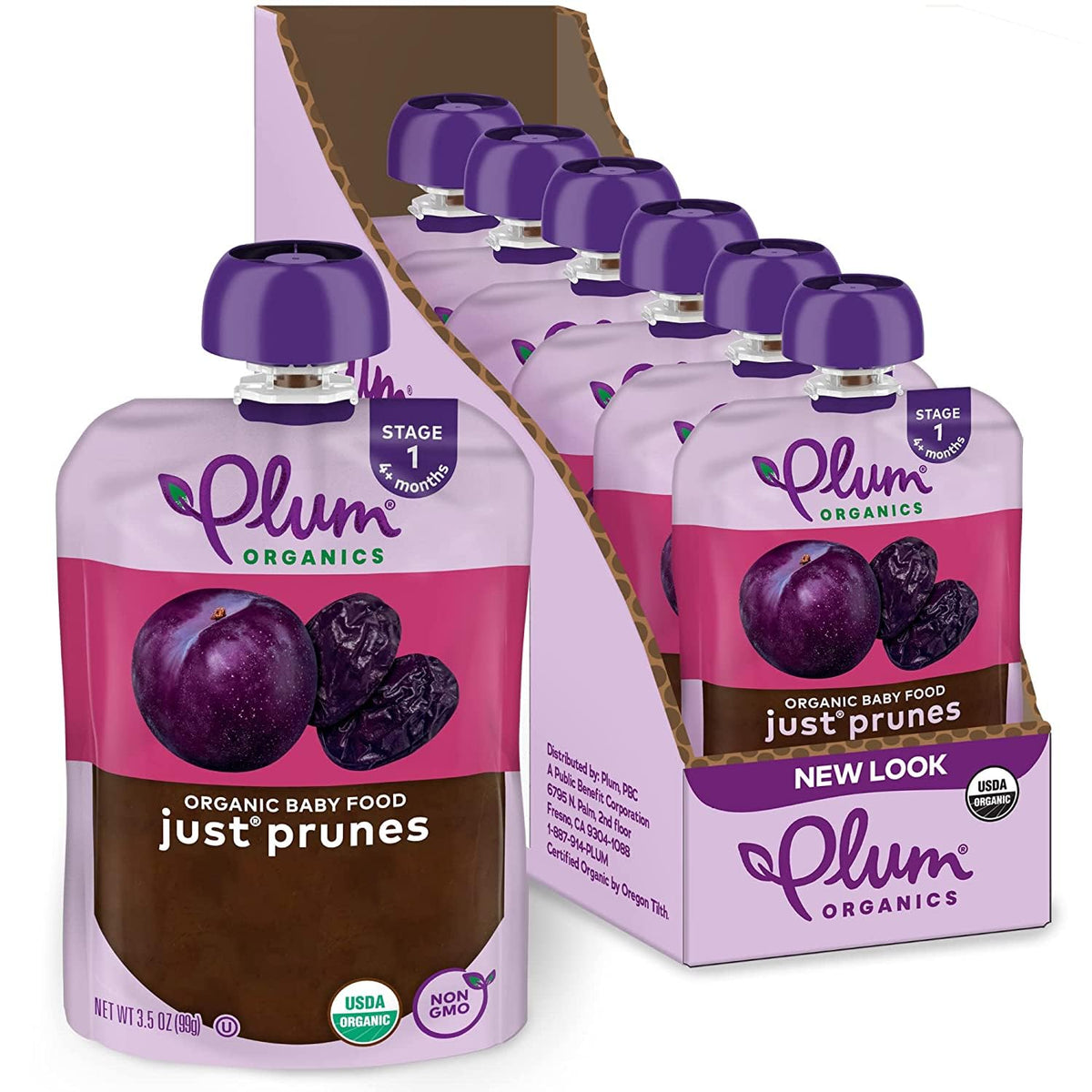 Plum Organics Stage 1 prune puree pouch open for on-the-go feeding.