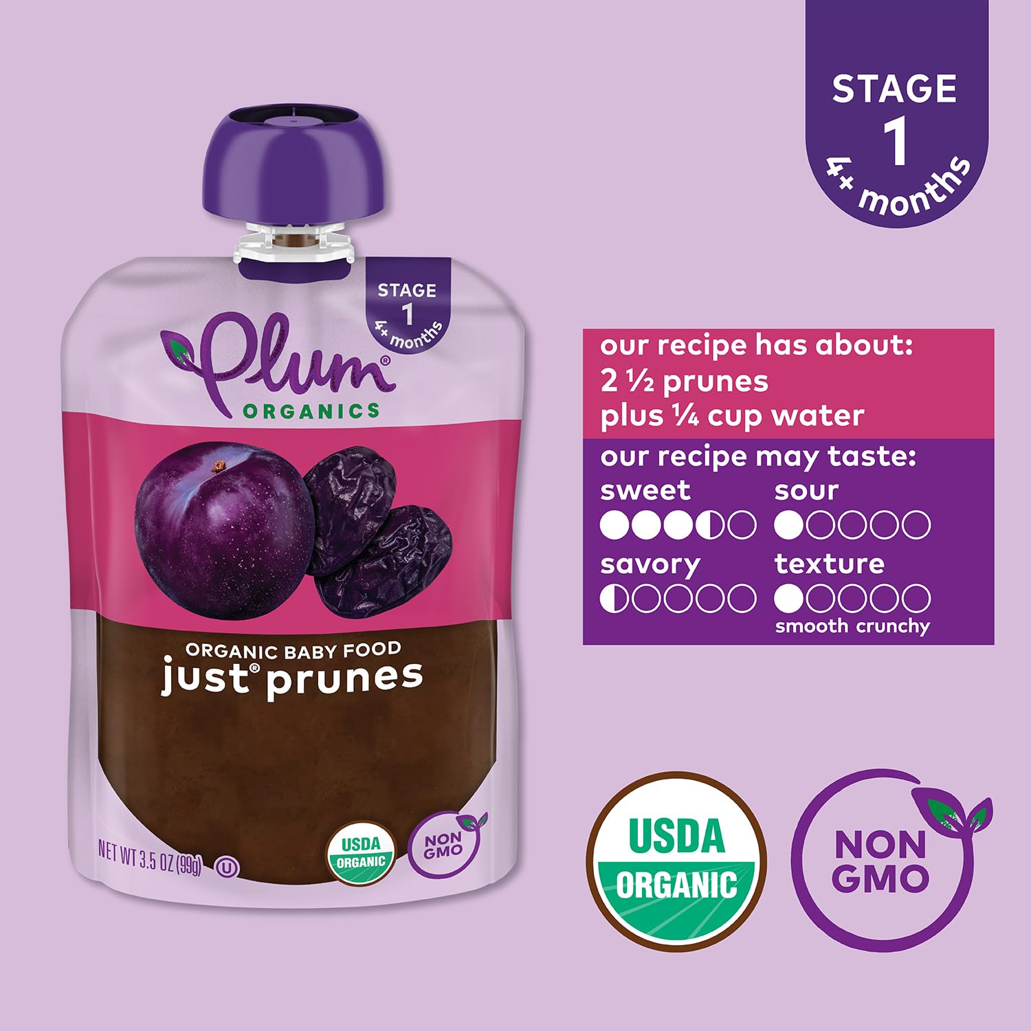 Plum Organics USDA Organic and Non-GMO labeling on pouch.