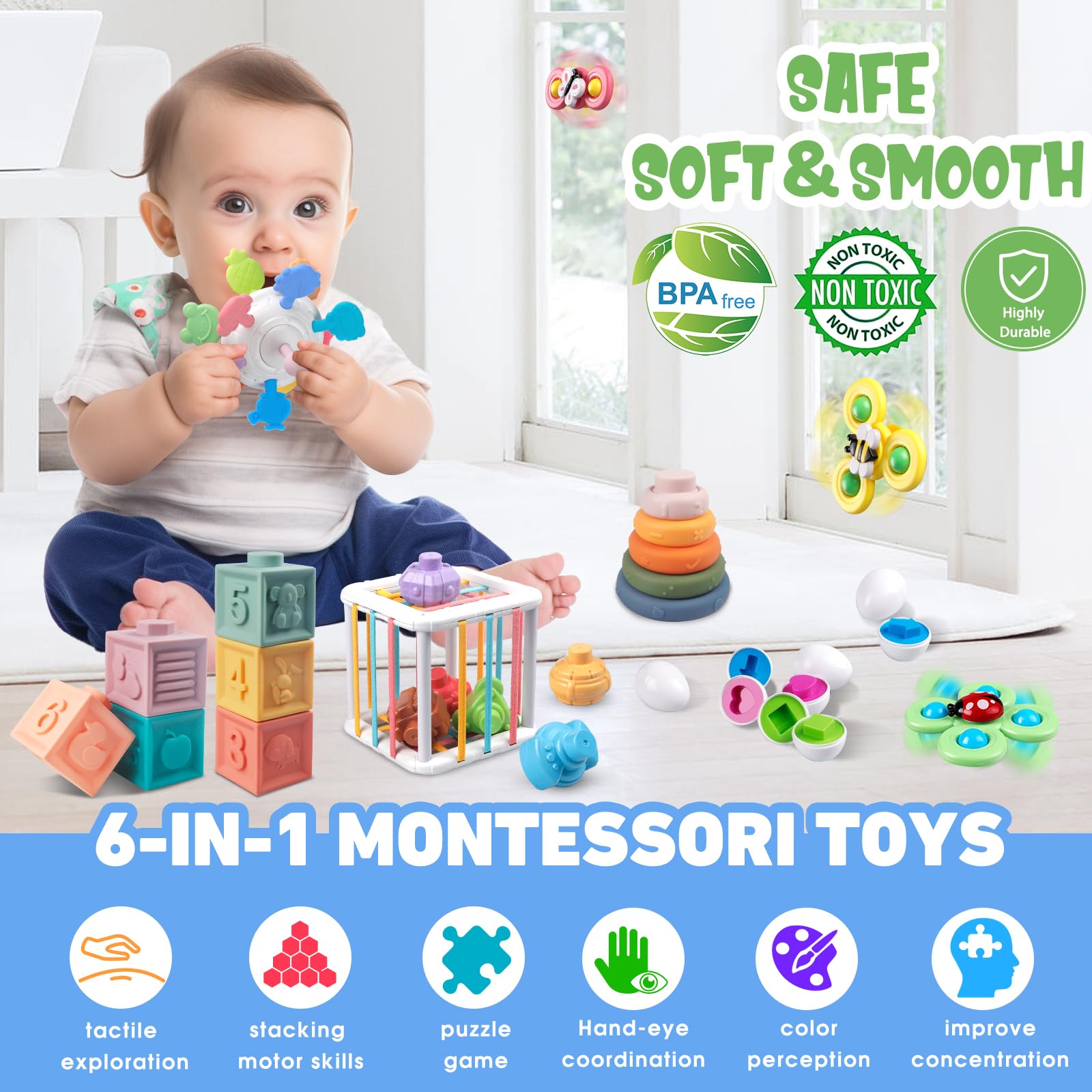 Plunack blocks and rings encourage stacking, fine motor skills, and sensory exploration.
